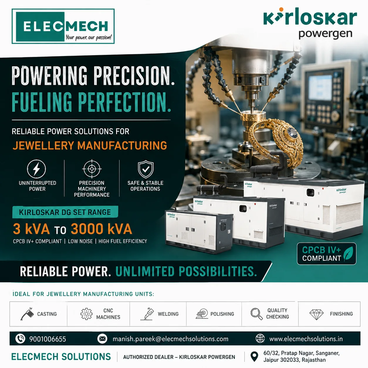 Reliable Kirloskar Diesel Generators for Gems & Jewellery Manufacturers in Jaipur